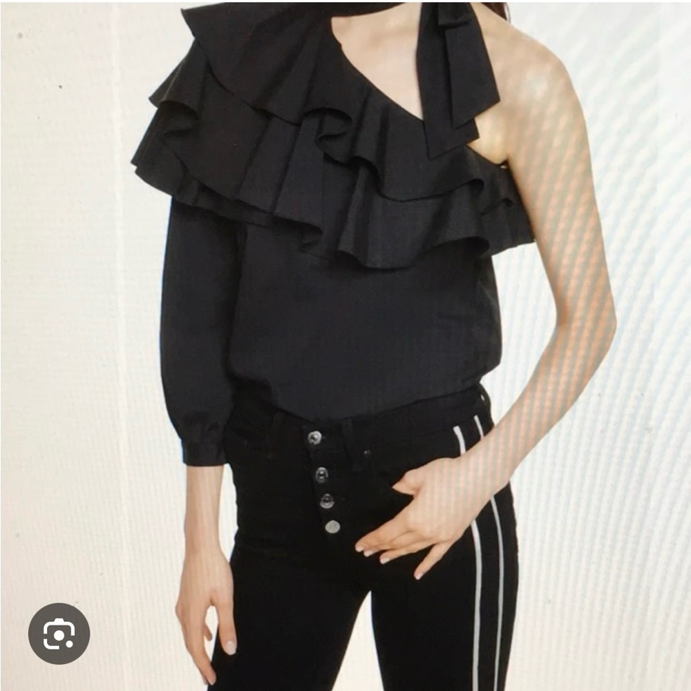 Veronica Beard Black Ruffled One-Shoulder Blouse